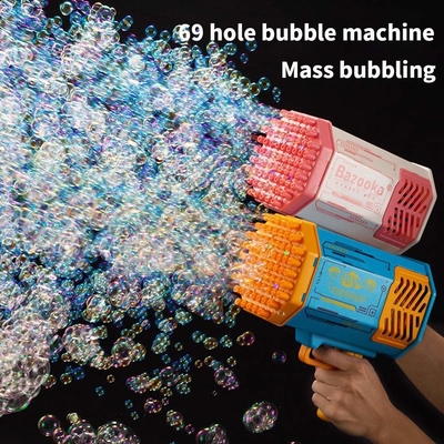 Arma de burbujas cohete 69 agujeros máquina de burbujas de jabón arma de regalo de navidad forma soplador automático con juguetes ligeros para niños